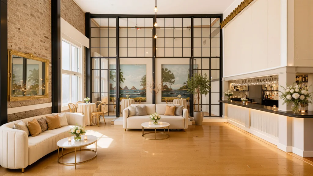 The bright lounge and atrium with cream sofas and an event styling arrangement