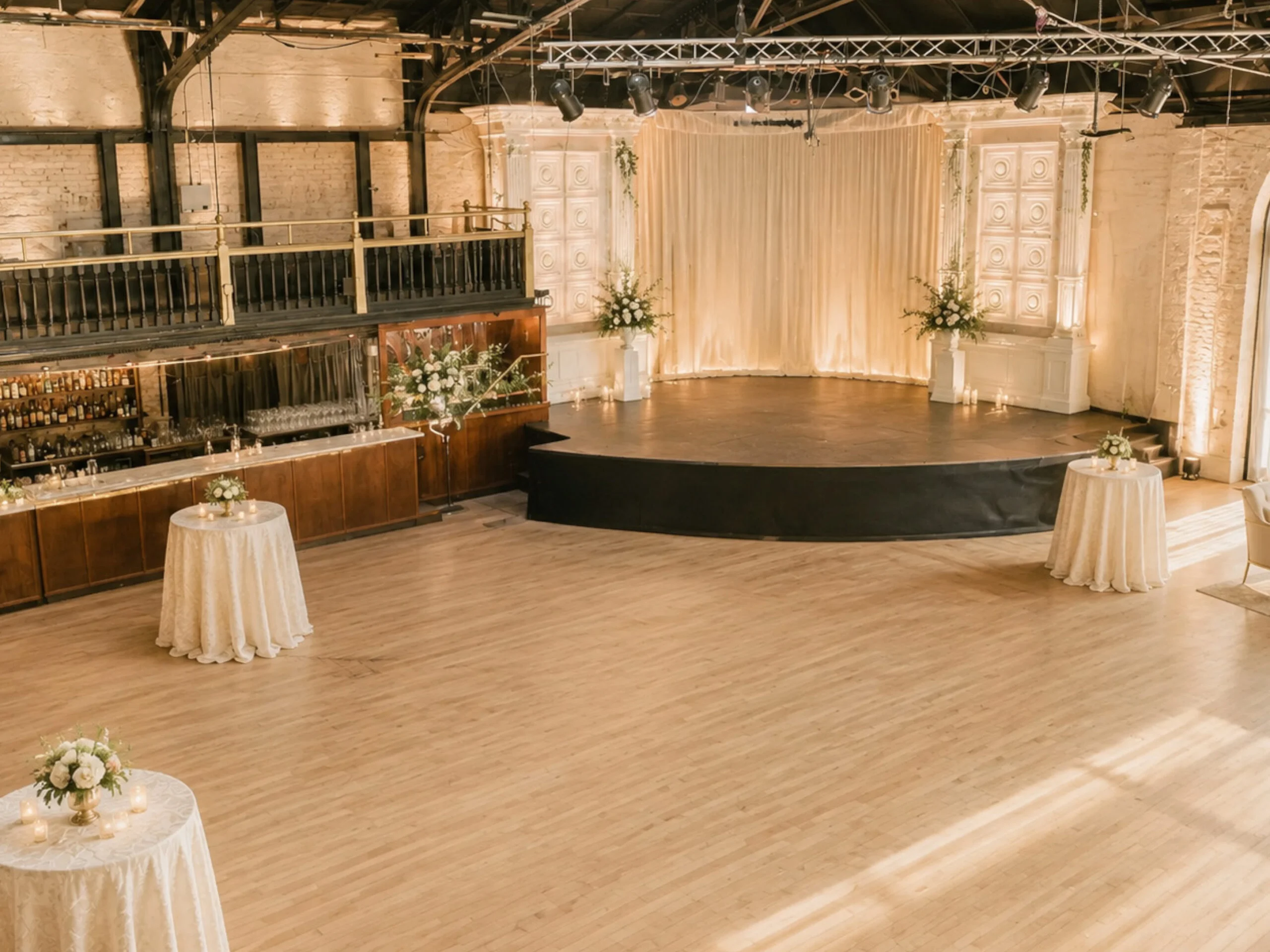 Ivory wedding reception styling in the theatre with flowers and cocktail tables